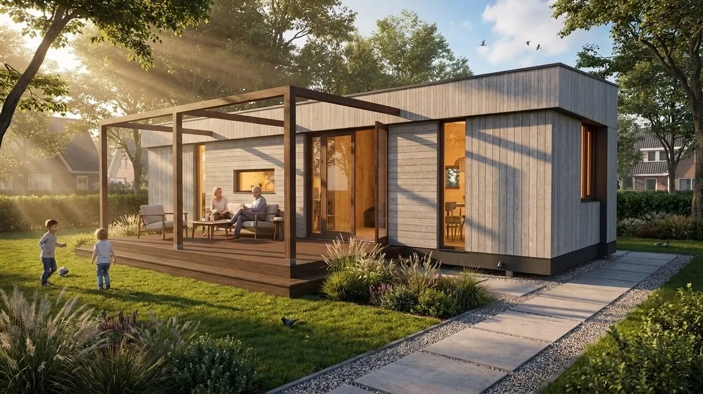 Aventura Large met houten pergola op een ruim erf, grootouders op het terras en kleinkinderen op het gras