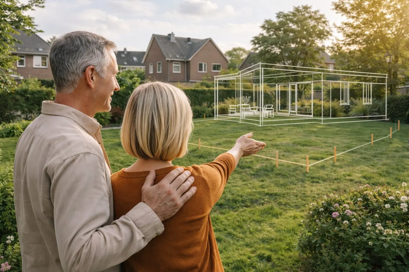 Een stel staat in de tuin en wijst naar de plek waar de woning kan komen