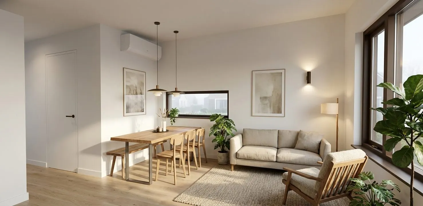 Woonkamer met eikenhouten vloer en grote ramen